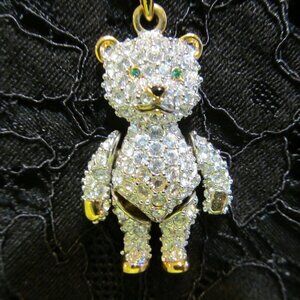 SWAROVSKI Swan Signed Jointed Crystal Teddy Bear Pendant Necklace Retired
